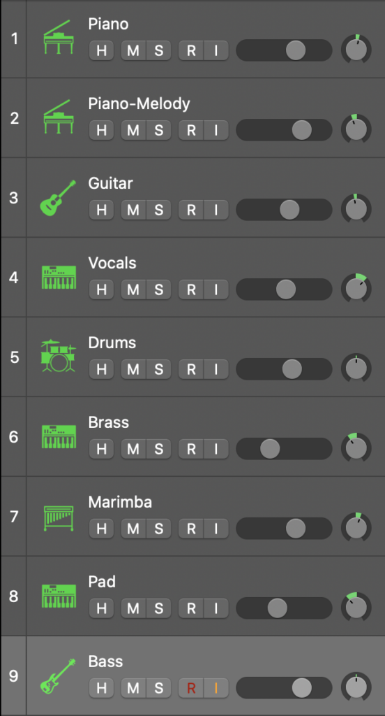 A picture of the different instruments in Logic Pro, showing the different levels of panning